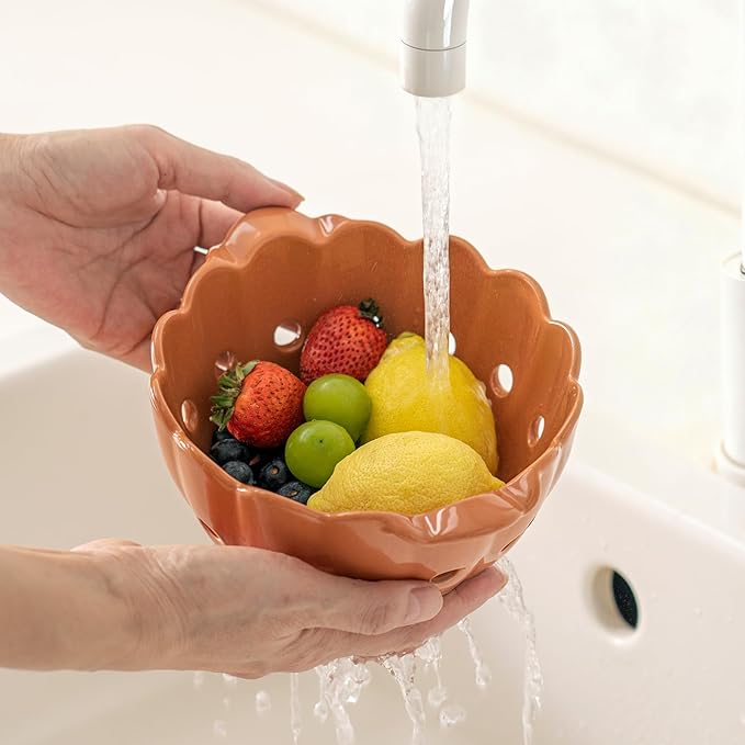 Cute Scallop Edge Ceramic Colander with Handles(7.6"),Round Colorful Berry Basket, Small Fruit Container for Strawberry, Cherry & Kitchen Counter,Cinnamon Orange