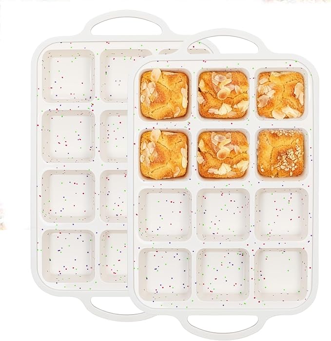 SJ Silicone Brownie Pan with Dividers, Metal-Reinforced Frame, 2-Pack (12 Cavity Each), Nonstick Food-Grade Silicone, Dishwasher Safe—Bakes Neat Squares for Brownies, Bars & Cornbread