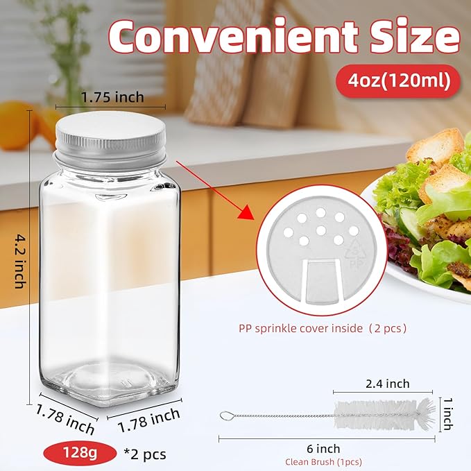 2Pcs 4oz Glass Spice Jars with Shaker Lids, Spice Jars Trial Set & Supplement Set, Empty Spice Containers and Square Spice Bottles for Kitchen (silver iron Lids)