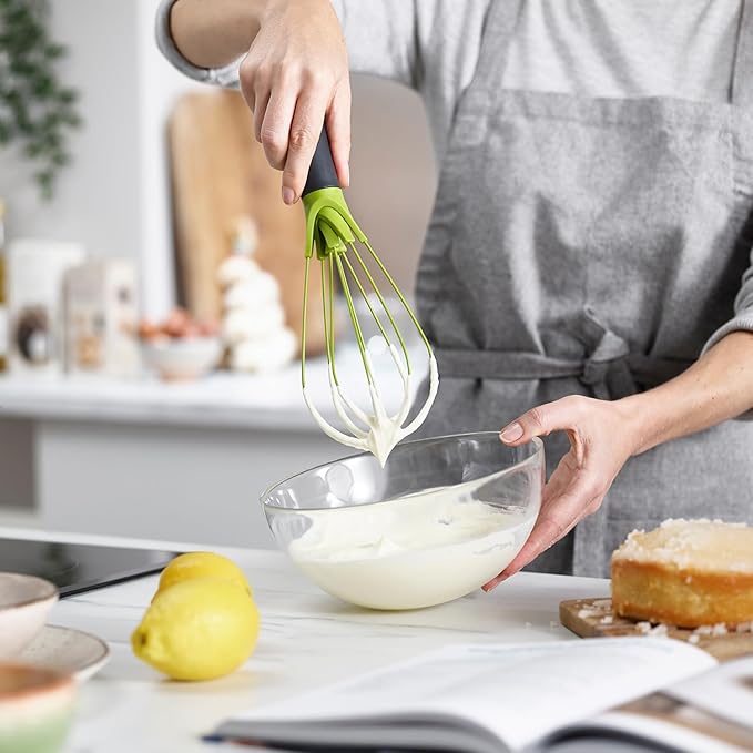 Joseph Joseph Twist Whisk 2-In-1 Collapsible Balloon and Flat Whisk Silicone Coated Steel Wire, Gray/Green