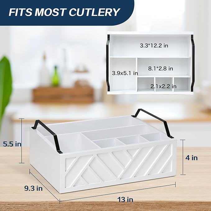 Paper Plate Dispenser and Holder for Kitchen Counter, Wood Rustic Silverware Utensil Caddy, Cutlery Flatware Organizer Box for Cups Spoons Forks Napkins, Kitchen Accessories