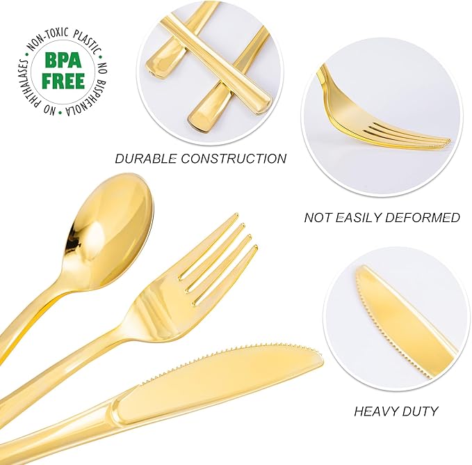 N9R 200PCS Plastic Silverware Set, Heavy Duty Spoons and Forks Silver Plastic Cutlery Including 100pcs Forks, 50pcs Spoons, 50pcs Knives, Disposable Silverware for Party,Wedding, and Everyday Use