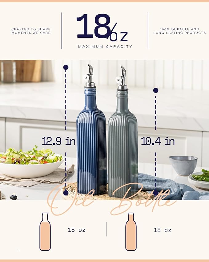 getstar 18 oz Olive Oil Dispenser Bottle for Kitchen, Ceramic Oil Bottle with Automatic Stainless Steel Pourer (Silver Pourer, Green)