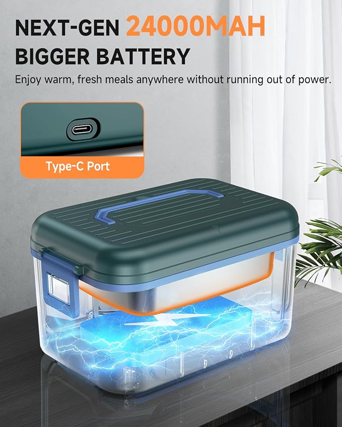 GEARGO 𝟔.𝟑 𝐂𝐮𝐩𝐬 Cordless Electric Lunch Box, 𝟐𝟒𝟎𝟎𝟎𝐦𝐀𝐡 Heated Lunch Box Battery Powered with Ice Crystal Box, 24 Hours Scheduled Rechargeable Heating Lunchbox for Adults Men Women