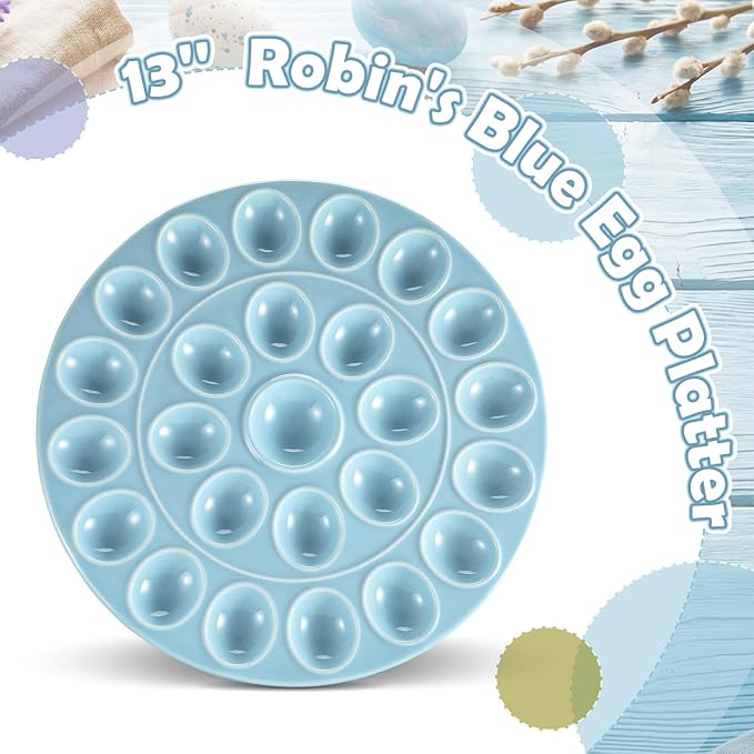 Ceramic Easter Deviled Egg Platter 13 Inch Robin Egg Blue Easter Eggs Tray 24 Holes Deviled Eggs Holder for Spring Holiday Festival Party Favors