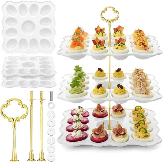 3 Tier Easter Ceramic Deviled Egg Platter 36 Hole Square Deviled Egg Tray Contain Detachable Eggs Holder Tower Easter Party Food Container for Kitchen Countertop Dishwasher Freezer Wedding Tea Party