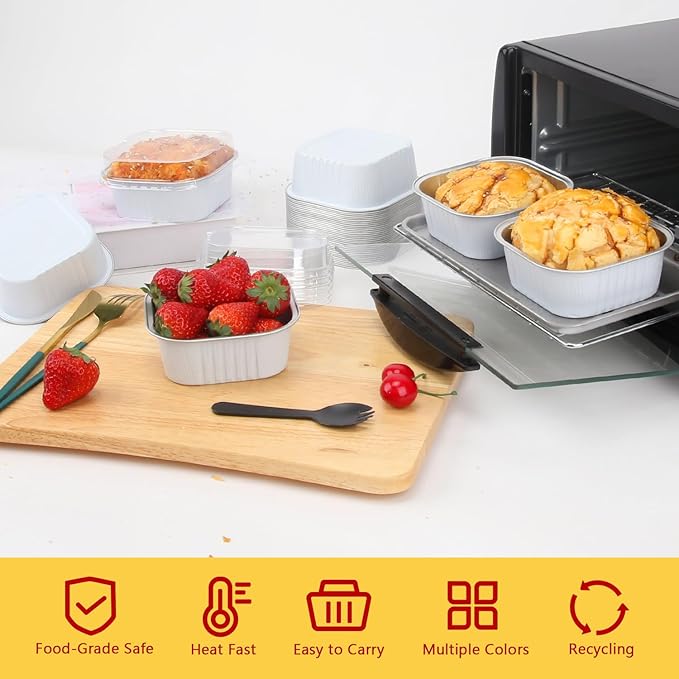 LNYZQUS 10oz Disposable Ramekins With Lids 40 Pack, Aluminum Foil Jumbo Cupcake Pan, Square 4”X4” Mini Cake Pan Browni Baking Cups Muffin Tin Dessert Cups For Wedding Party-White