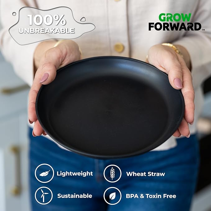 Grow Forward Premium Wheat Straw Plates - 8 Inch Reusable Hard Plastic Dinner Plates Set of 8 - Unbreakable Microwave Safe Plates for Dessert, Camping, RV, Outdoors, Patio, Kitchen Dishes - Midnight