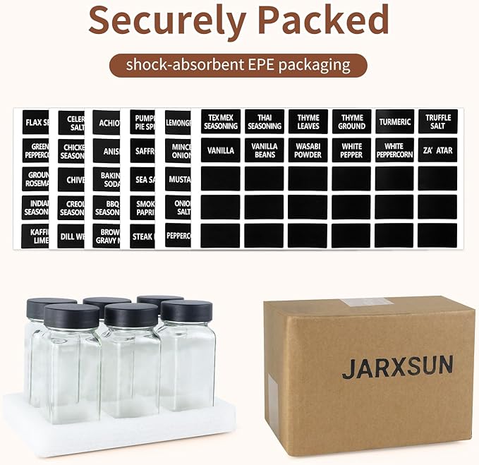 6 Spice Jars with Labels,4oz Empty Glass Spice Containers with Shaker Lids,Square Seasoning Bottles for Spice Rack, Drawer, Cabinet (6)
