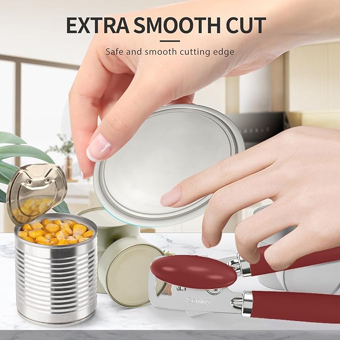 Can Opener Manual, Heavy Duty Stainless Steel Smooth Edge Can Openers With Soft Touch Handle, Oversized Handheld Easy Turn Knob, Multi-Function Bottle Opener, Red