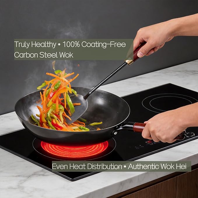 Calmabode 12" Pre-Seasoned Carbon Steel Flat Bottom Wok - Fast, Even Heating - Works on Gas, Electric & Induction - Durable Commercial-Grade - Ready-to-Use, Easy Maintenance - Toxin-Free Cooking