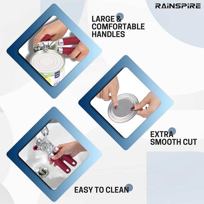 Rainspire Can Opener Manual Handheld Strong Manual Can Opener Smooth Edge Cut, Can Opener Heavy Duty, Comfortable Soft Handle, Built-in Bottle Opener, Red