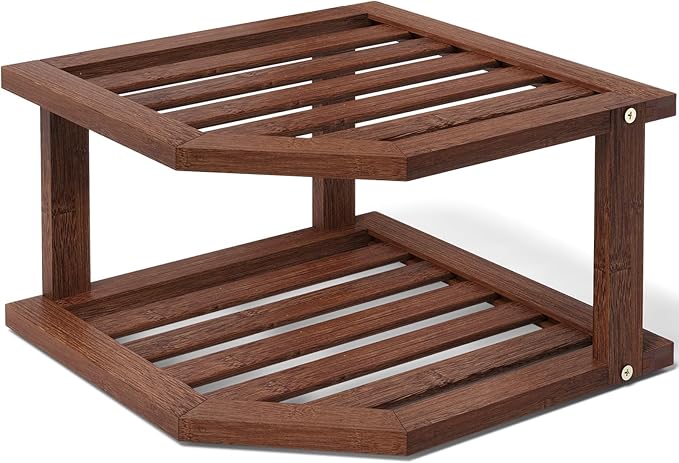 Bamboo Corner Shelf,2 Tier Plate Organizer for Cabinet and Countertop,Pantry Dish and Spice Rack for Kitchen（Brown）