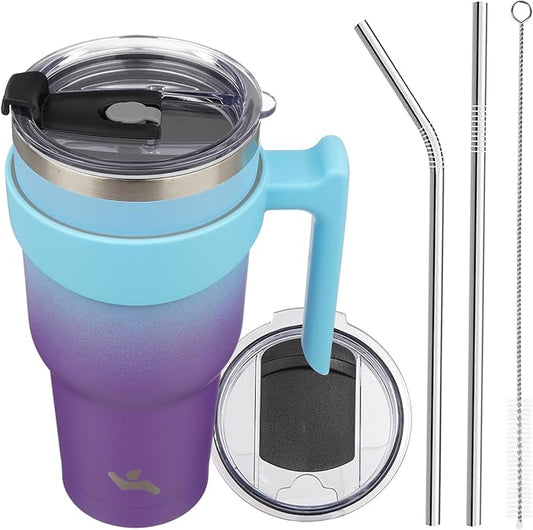 40 oz Tumbler with Handle and 2 Straw 2 Lid, Insulated Water Bottle Stainless Steel Vacuum Cup Reusable Travel Mug,Ocean Dream