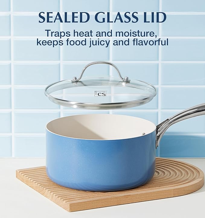 KOCH SYSTEME CS Small Saucepan with Lid, 1 Quart Nonstick Sauce Pan with PFAS-FREE Ceramic Coatings, Non-Toxic, Scratch-Resistant Small Cooking Pot with Lid, Blue