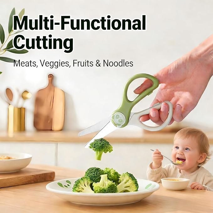 Baby Food Scissors Kicthen Shears,Kids Scissors Stainless Steel Scissors with Travel Storage Case - Ideal for Cutting Meat, Chicken, Vegetables, and Fruits - Green