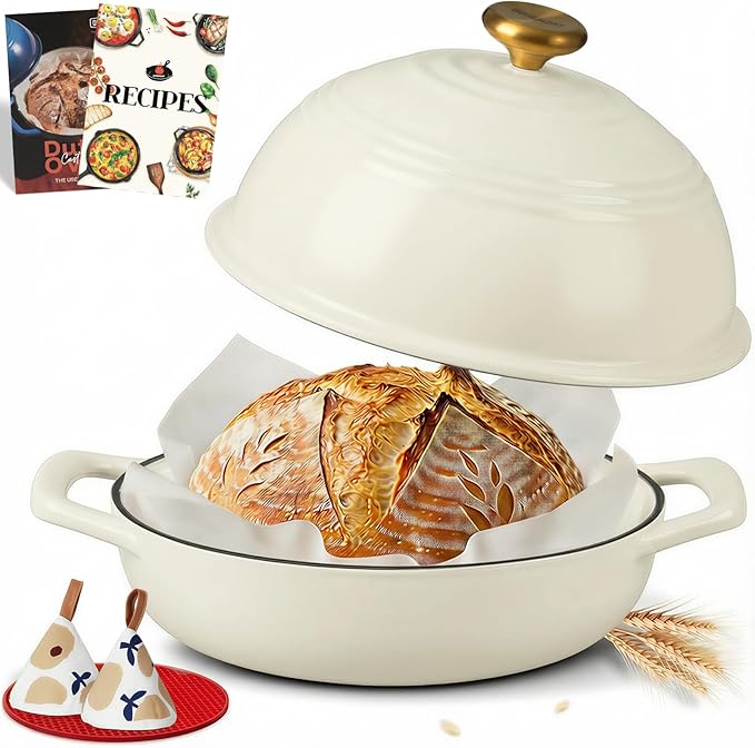 Overmont Enameled Cast Iron Bread Oven - 6QT Bread Dutch Oven for Sourdough Bread Baking - Bread Pot with Dome Lid Cotton Potholders & Cookbook - Multi-Functional Bread Pan For Baking Frying Roasting