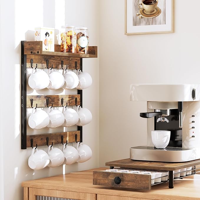 Coffee Mug Holder Stand, 3 Tier Mug Tree Rack, Hanging 12 Cups, with Top Shelf, for Kitchen, Dining Room, Living Room, Cafe, Rustic Brown MH42BR