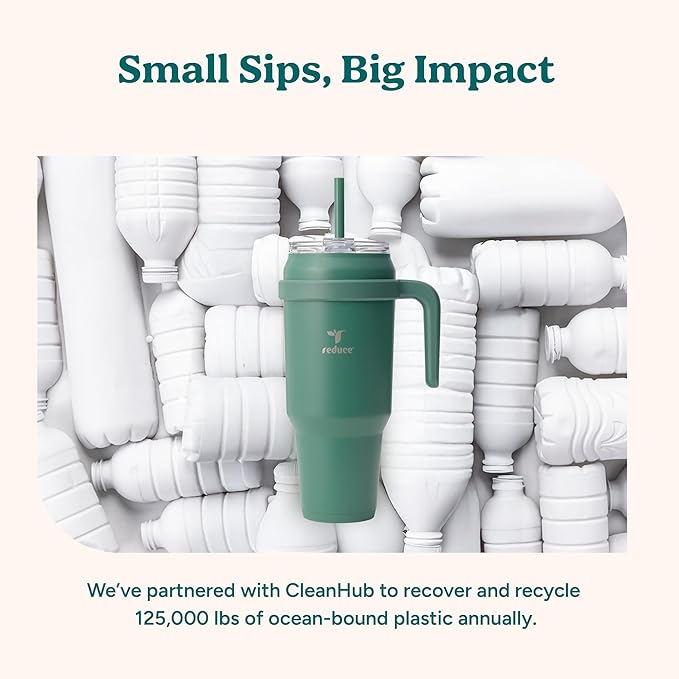 REDUCE 50 oz Stainless Steel Tumbler with Handle - Dual-Wall Vacuum Insulated Travel Mug, Sweat-Proof Lid & Reusable Straw - Keeps Drinks Cold for 24 Hrs, Fits Cupholders, Dishwasher Safe - Black