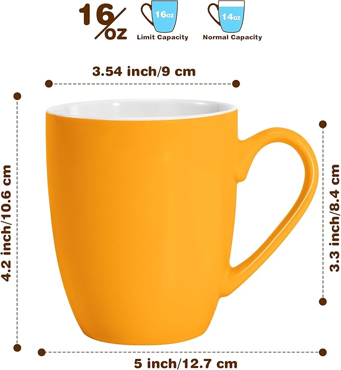 Urbanstrive 16 oz Large Coffee Mugs Set of 4 Ceramic Coffee Mug White Coffee Cups Tea Cups Idea Gift for Women Men House Warming Gifts New Home Office, Orange 4 Pack