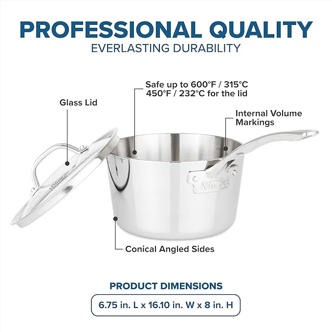 Viking Contemporary 3-Ply Stainless Steel Sauce Pan with Glass Lid, 3.4 Quart Saucepan Cooking Pot, Dishwasher and Oven Safe, Induction Ready, Silver
