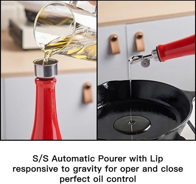 YOLIFE Olive Oil Dispenser Bottle, 16oz Ceramic Oil Dispenser for Kitchen, Oil Bottle with Gravity Spout, Leak Proof EVOO Dispensing Bottle with 2 Spouts and 1 Funnel for Vinegar, Juice(Red)