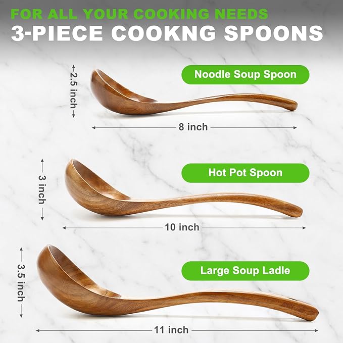 3 Pack Wooden Ladles for Serving Spoon Soup Ladle Wood Spoons for Cooking Ladel Large Spoon Kitchen Tools Ladles Big Spaghetti Spoon Laddle Non Toxic Soup Spoons Teak deep Ladle