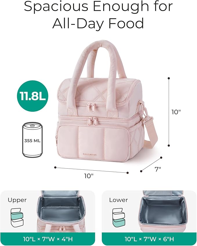 BAGSMART Lunch Bag Women, Double Deck Insulated Lunch Box, Quilted Puffer Lunch Tote, Leakproof, Durable & Reusable Large Lunch Cooler For Work Picnic Travel Meal Prep, Leopard