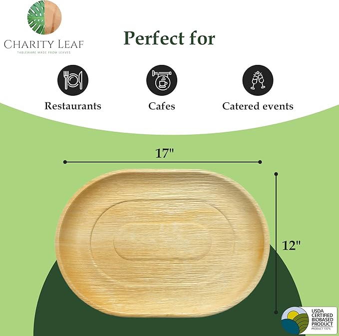 Charity Leaf Disposable Palm Leaf 17" x 12" Trays (100 pieces) Bamboo Like Serving Platters, Disposable Boards, Eco-Friendly Dinnerware For Weddings, Catering, Events
