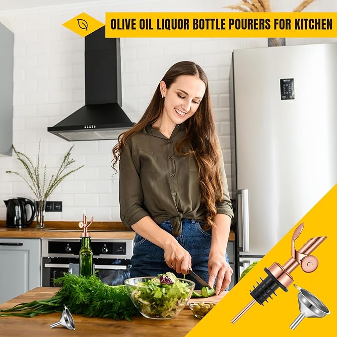 Tioncy 4 Pieces Weighted Stainless Steel Pourers Olive Oil Spout Olive Oil Dispenser Spout Automatic Opening and Closing with Funnel and Brush for Pouring Wine Syrup Kitchen(Rose Gold)