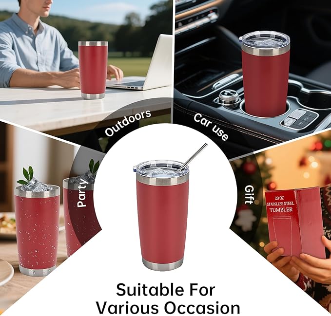 IEOVIEE 32 Pack, 20oz Stainless Steel Bulk Tumblers with Lids and Straws, Double Wall Insulated Travel Coffee Mug, Durable Powder Coated Tumbler Bulk Cup for Cold and Hot Drinks(Red)