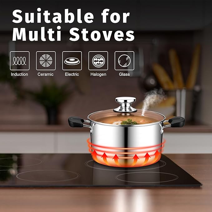 5 Quart 3-Ply Cooking Stock Pot with Lid, P&P CHEF Stainless Steel Large Pot for Pasta Soup, Work on Multi Stove, Heavy Duty & Dishwasher Safe, Dual Heat-resistant Handles & Brown Glass Lid