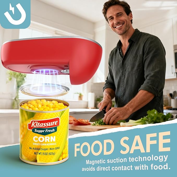 Handsfree One-Touch Rechargeable Electric Can Opener Easy Flex Side Cut All Can Sizes with LED Display and Smooth Edge Safety for Arthritis & Seniors, Auto Kitchen Gadget (Red)