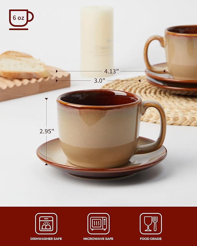 Stoneware Coffee Cups with Saucers, 6 Oz Cappuccino Cups Set of 4, Microwave & Dishwasher Safe, Perfect For Tea, Espresso, Latte, Ceramic Mugs for Kitchen or Cafe, Brown Yellow