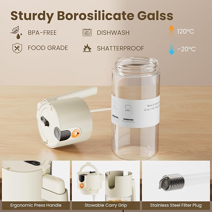 2026 Upgrade Oil Sprayer for Cooking, 2 in 1 Glass Olive Oil Dispenser 17oz, Food Grade Leakproof Kitchen Oil Bottle for Air Fryer BBQ Salad