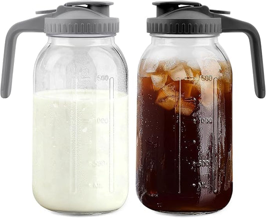 64 Oz Glass Pitcher with Lid 2 Pack, 2 Quart Heavy Duty Breast Milk Pitcher, Thickened Glass, Leak-Proof, Wide Mouth Mason Jar with Pouring Airtight Lid,Ideal for Fridge Storage(pack of 2)