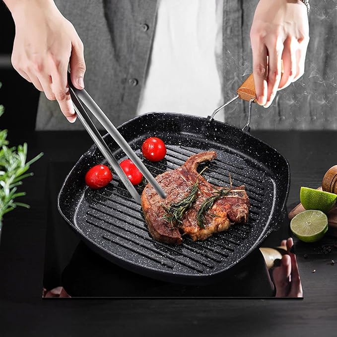 Non-stick Grill Pan with Folding Handle for Meat, Fish and Vegetables For All Heat Sources 24cm/9.4IN for Stove Tops, Induction, Black