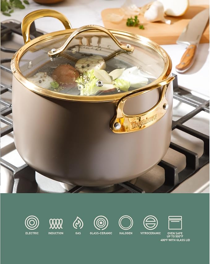 Bloomhouse - Two Time Oprah's Favorite Things Winner - 8 Quart Stock Pot w/Lid – PFAS-Free Ceramic Nonstick Dutch Oven Heavy Duty Aluminum Oven Safe Dishwasher Safe Cappuccino Cream w/Gold Handles