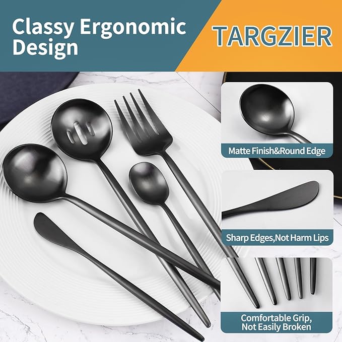 5-Piece Matte Black Stainless Steel Serving Utensils Set - Large and Slotted Spoons, Fork, Sugar Spoon, Butter Knife - Dishwasher Safe