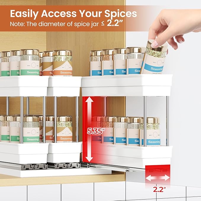 Pull Out Spice Rack Organizer for Cabinet, Slide Out Spice Racks Organizer, Easy to Install Spice Cabinet Organizers, 2.3''Wx10.66''Dx8.11''H, 3 Packs-2 Tiers (White)