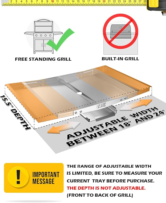 Grease Tray with Catch Pan - Dyna Glo Grill Replacement Parts, Adjustable Stainless Drip Pan for Gas Grill Models from Dyna Glo, Nexgrill, Expert Grill, Kenmore, BHG and More (Width 18"-24")