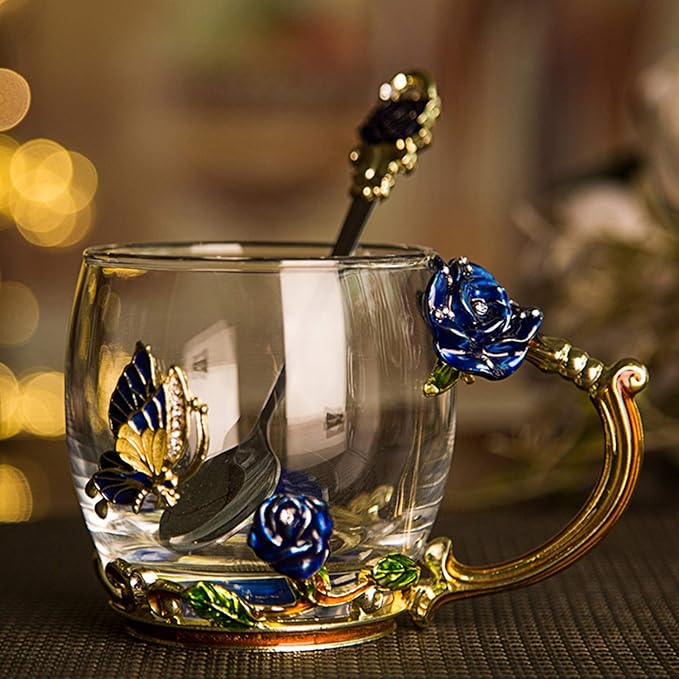 Luka Tech Enamel Butterfly flower Lead-free Glass Coffee Mugs Tea Cup with Steel Spoon, personalised Gifts For Women Wife Mom Girl Teacher Friends Birthday Mothers Valentines Day Wedding (Rose)
