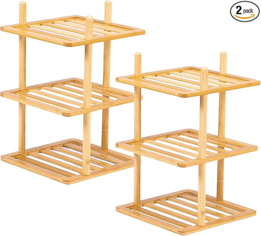 2Pcs 3-Tier Cabinet Organizer Shelf - Bamboo Corner Rack for Kitchen Counter, Cabinet Space Saver for Plates, Dishes, Bowls, Bread - Pantry and Bathroom Storage or Countertop (2, 3Tier-Large-6.7"H)