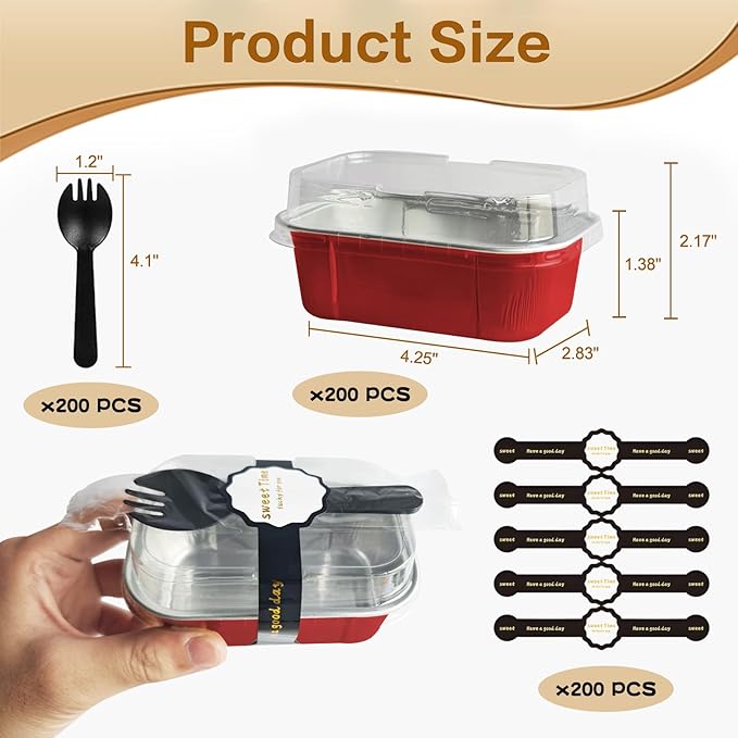 Mini Cake Pans With Lids And Spoons,5.5 oz Rectangle Mini individual Loaf Pans Disposable Aluminum Foil Small Baking Cups Tins (200, Red)