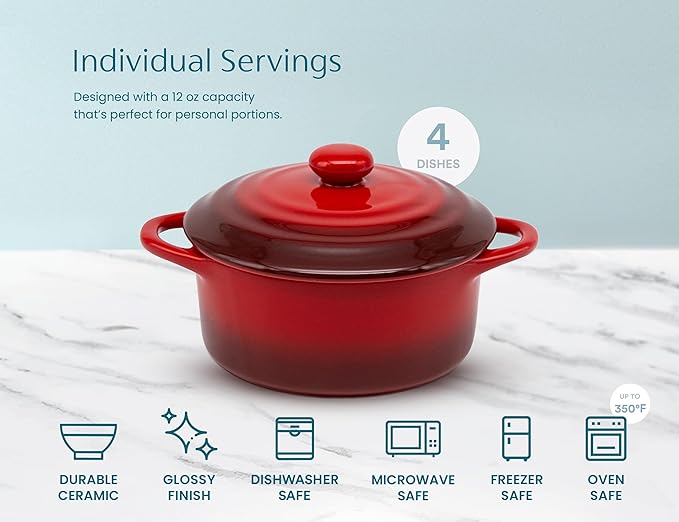 Kook Ceramic Mini Cocotte Set, Small Casserole Dishes with Lids and Handles, Individual Baking Ramekins, Oven safe 350F, Microwave & Dishwasher Safe, Stoneware, 12 oz, Set of 4, (Crimson Ombre)