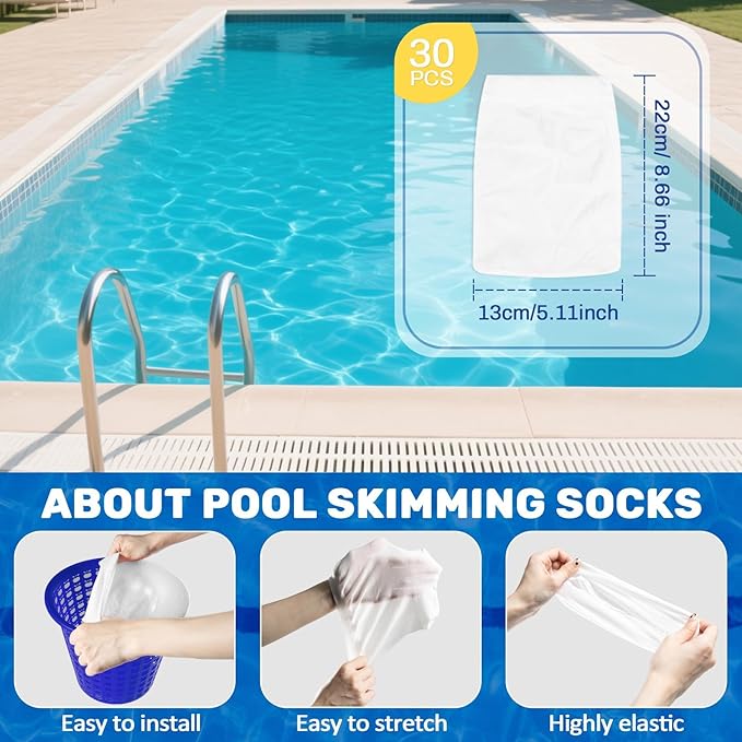 Sukh 30 Pack Pool Skimmer Socks - Pool Socks for Skimmer Basket, Traps Dog Hair, Sand, Pollen & Leaves, Protects Filter & Pump System, Universal Fit for Inground & Above Ground Pools, Pool Accessories