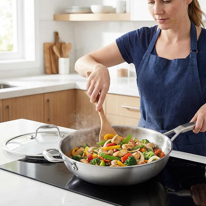 Inqibee 13 Inch Stainless Steel Wok with Lid, Induction Compatible Stir Fry Wok Pan, Long Handle & Helper Handle, Tri-Ply Construction, Works on All Stovetops, Oven & Dishwasher Safe