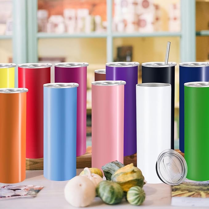 YOUKE OLA 12 Pack Stainless Steel Skinny Tumblers 20oz - Bulk Straight Double Wall Vacuum Insulated Tumbler with Lid and Straw & Silicone Base for Travel, DIY, 12 Colors