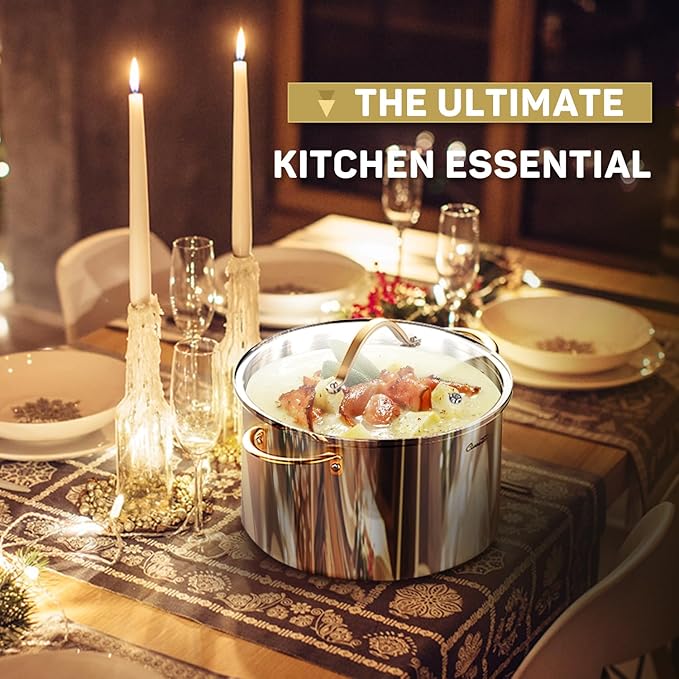 Stock Pot 12 Quart, 18/10 Tri-Ply Stainless Steel Whole Clad Stock Pot with Lid, Seamless 12 QT Cooking Pot with Copper Handle, Healthy Stockpots, Induction, Gas, Oven and Dishwasher Safe