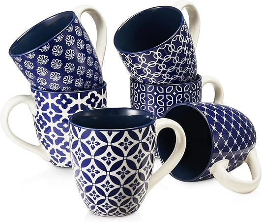 DOWAN Coffee Mugs Set of 6, 16 oz Large Porcelain Coffee Cups with Handle for Coffee Tea and Cocoa, Ceramic Coffee Mug for Women Men, Housewarming Wedding Gift, Vintage Blue